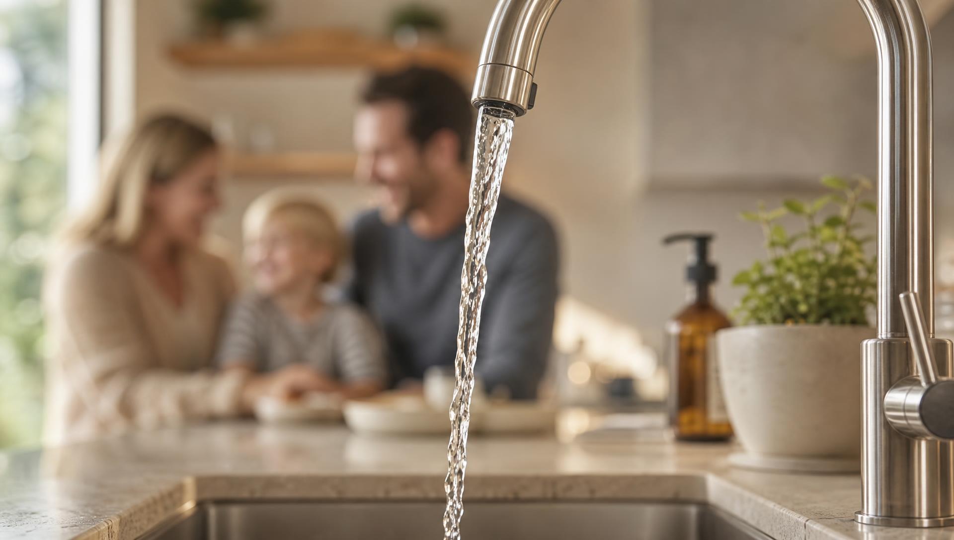 Crystal clear water flowing from a kitchen faucet with a family in the background